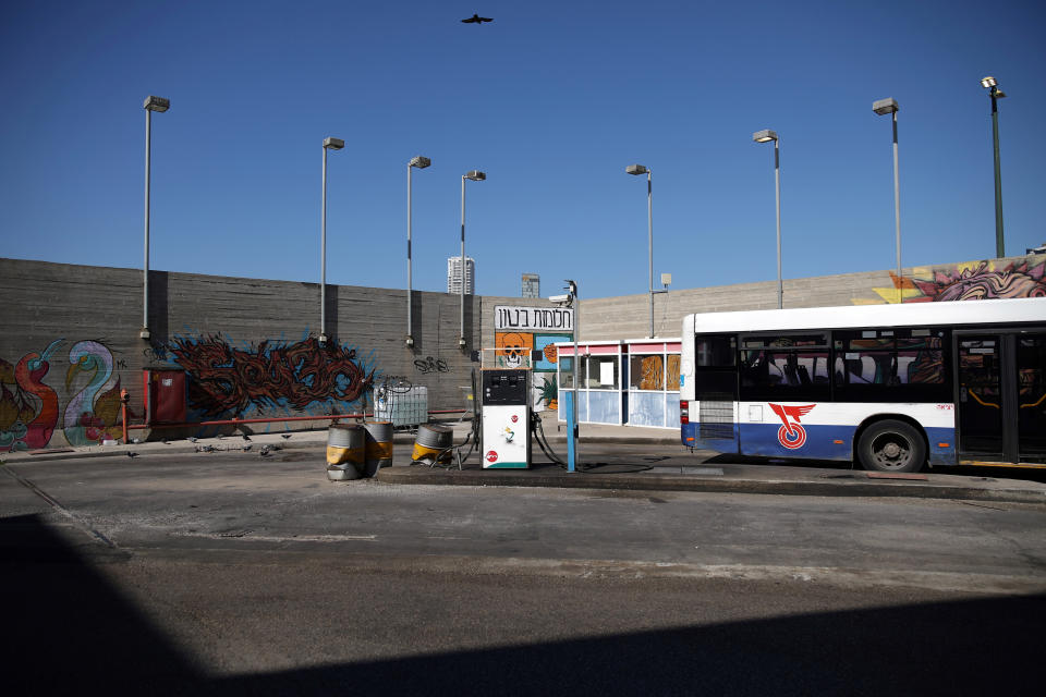 A bus near a gasoline pump on the upper floor of the Central Bus Station on Feb. 3. (Photo: Corinna Kern/Reuters)