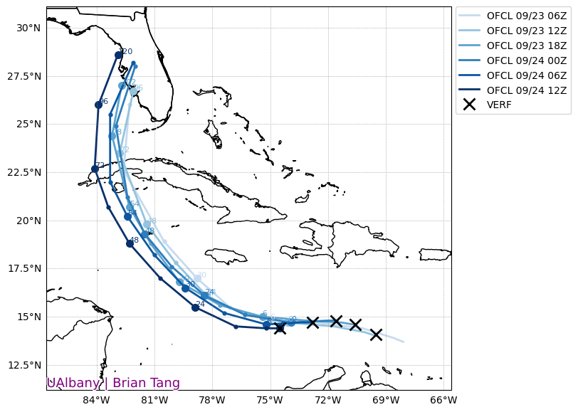 This graphic shows the westward adjustment in NHC tracks through Saturday.