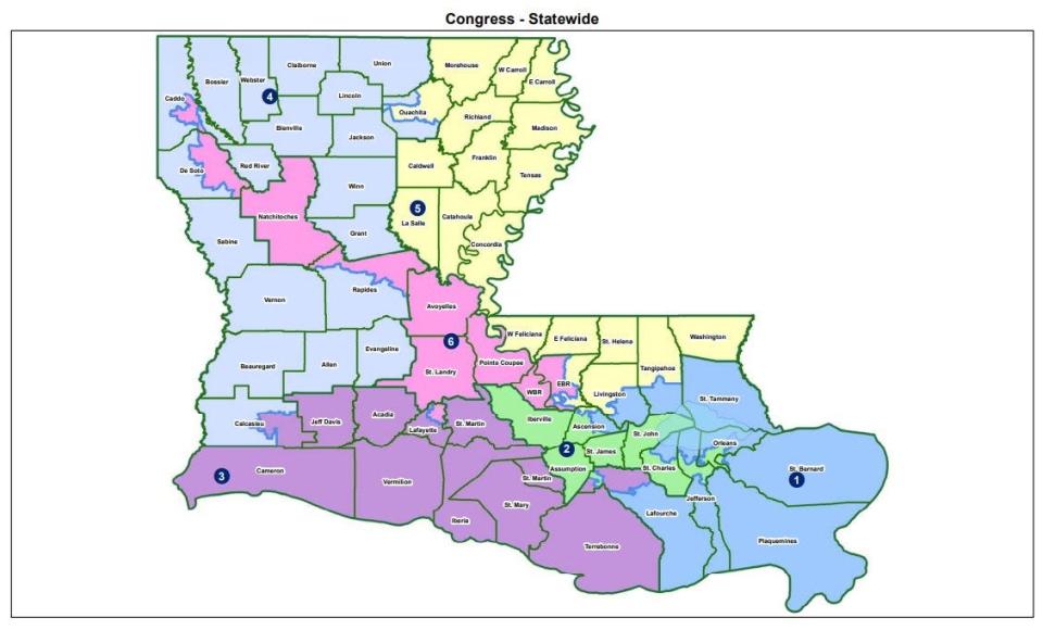 Proposed new Louisiana Congressional map that would add a second majority Black district by radically changing the 6th Congressional District boundaries.
