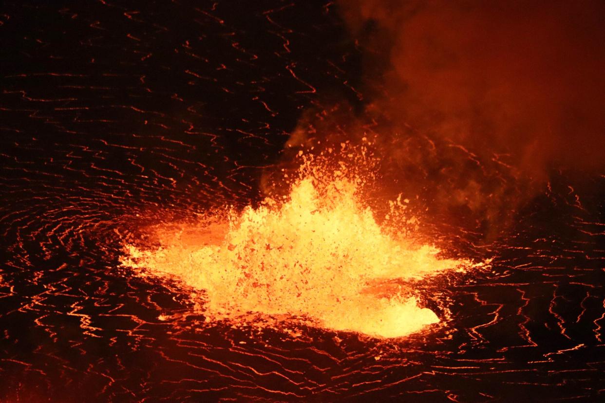 This September 29, 2021, image courtesy of the US Geological Survey (USGS) shows the continuing eruption of Kilauea Volcano in Hawaii