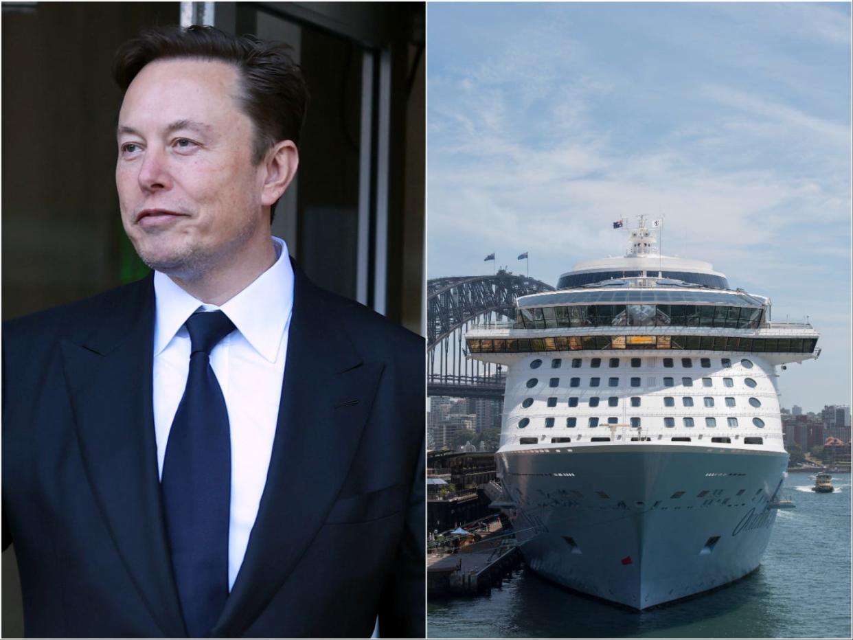 Elon Musk next to a picture of Royal Caribbean Cruise line's "Ovation of the Seas"