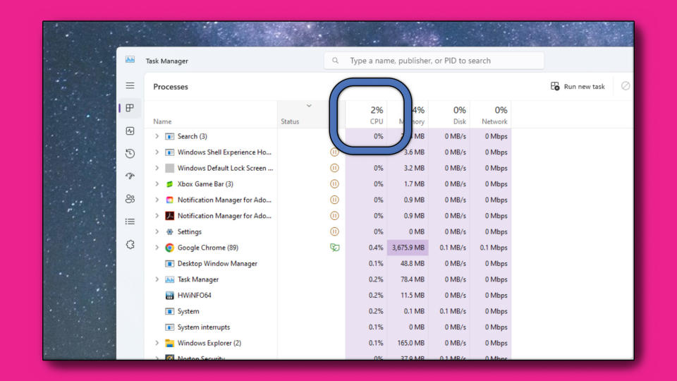 Windows Task Manager showing low CPU utilization