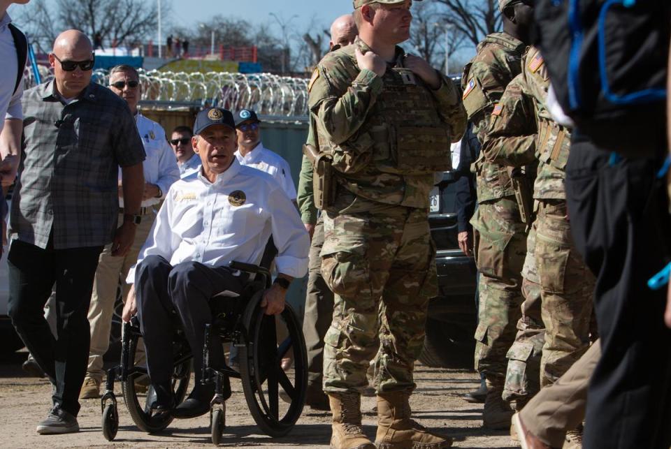 Gov. Greg Abbott arrives at a press conference with Republican governors from several other states at Shelby Park in Eagle Pass on Feb. 04, 2024.