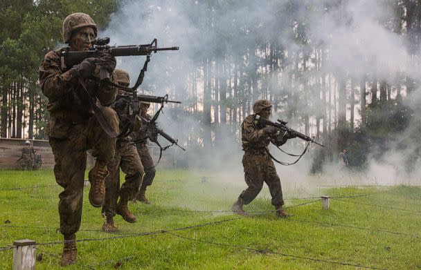 PHOTO: Recruits of Charlie Company, 1st Recruit Training Battalion, glide through a combat training course, June 9, 2015, on Parris Island, S.C. (Pfc. Vanessa Austin/Marine Corps Recruit Depot via DVIDS, FILE)