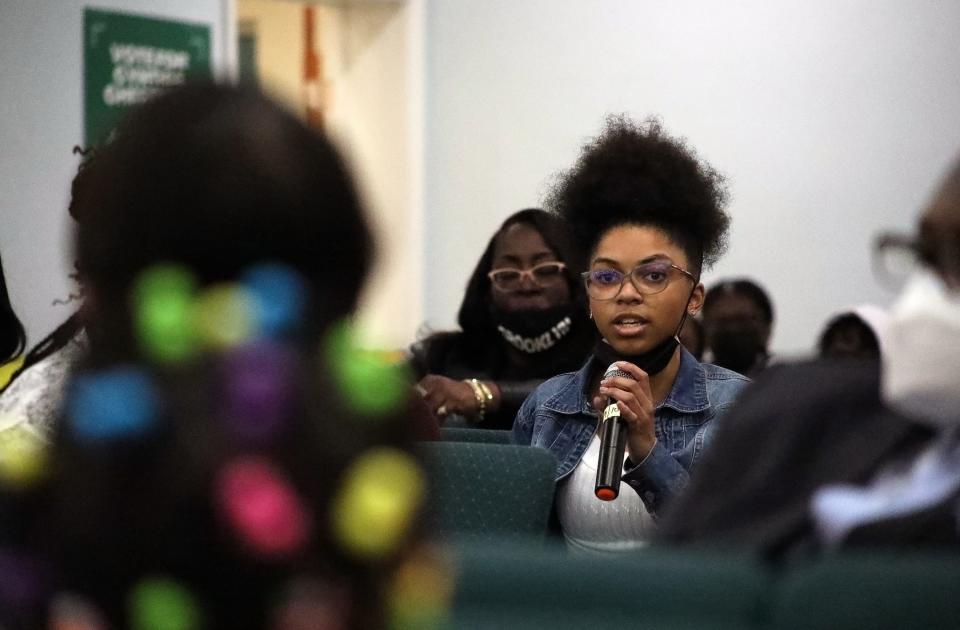 Ciara Madison, 16, speaks during the "Who's in the Box" panel discussion at "Boys and Girls Night Out" that took place on the first night last Wednesday of the 2022 Alachua County Empowerment Revival held at DaySpring Baptist Church in northeast Gainesville. The event focused on finding ways to curb teen gun violence and bullying. [Chasity Maynard/For The Guardian]