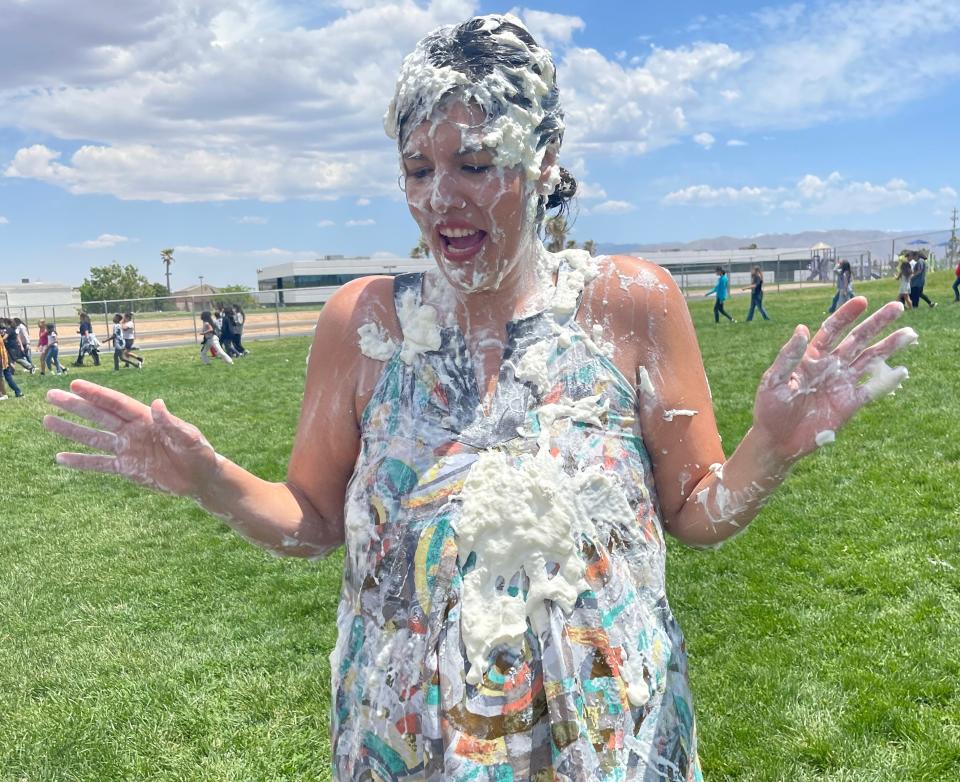 Students at Lomitas Elementary School in Victorville had the opportunity to “pie” the face of Principal Crystal Kerns on Tuesday, May 16, 2003, as they celebrated a penny drive that raised nearly $1,500 for nonprofit Direct Relief as they support earthquake victims in Turkey and Syria.