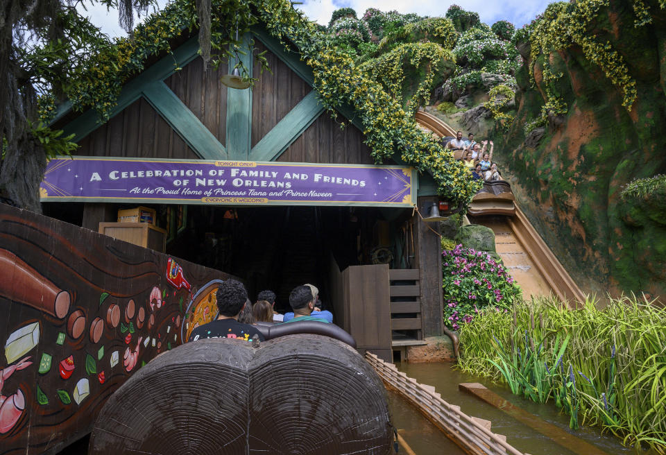 Guests on the Tiana's Bayou Adventure flume ride at Disney's Magic Kingdom Park at Walt Disney World in Lake Buena Vista, Fla., June 3, 2024. Splash Mountain was closed last year because of its connection to a racist film. Disney overhauled it to focus on Tiana, Disneyâs first Black princess, drawing praise and backlash. (Todd Anderson/The New York Times) 