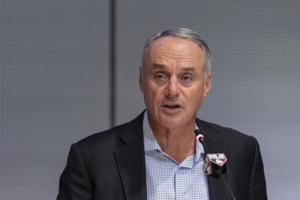 Major League Baseball Commissioner Rob Manfred speaks during a press conference at MLB Headquarters on Friday, Sep. 9, 2022. (AP Photo/Jeenah Moon)