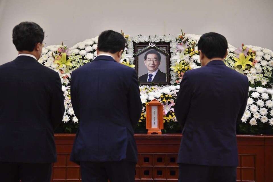 In this photo provided by Seoul Metropolitan Government, a portrait of the deceased Seoul Mayor Park Won-soon is placed at a hospital in Seoul, South Korea, Friday, July 10, 2020. Park left a note saying he felt “sorry to all people” before he was found dead early Friday, officials in the South Korean capital said as people began mourning the liberal legal activist seen as a potential presidential candidate. (Seoul Metropolitan Government via AP)