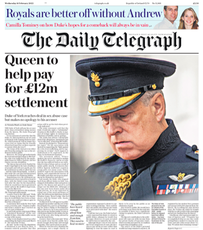 The Daily Telegraph claims the Queen is helping to pay the settlement. (Twitter)