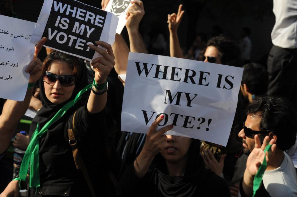 <span class="caption">Demonstrators claiming their votes had not been counted in a recent election march in Tehran, June 17, 2009.</span> <span class="attribution"><a class="link " href="https://www.gettyimages.com/detail/news-photo/demonstrators-carrying-where-is-my-vote-posters-march-on-news-photo/116258258?adppopup=true" rel="nofollow noopener" target="_blank" data-ylk="slk:Kaveh Kazemi/Getty Images;elm:context_link;itc:0;sec:content-canvas">Kaveh Kazemi/Getty Images</a></span>