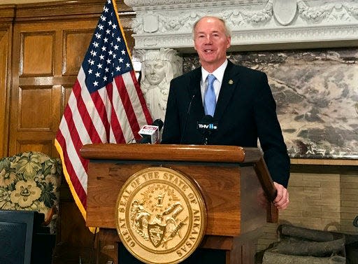 Arkansas Gov. Asa Hutchinson speaks to reporters, Friday, April 28, 2017 in Little Rock, Ark., about four executions the state conducted over an eight day period, the first time the state has put inmates to death in nearly 12 years. Hutchinson said that he sees no reason for anything beyond a routine review of procedures after Kenneth Williams lurched and convulsed 20 times during a lethal injection Thursday night, April 27.