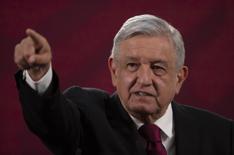 Mexico's President Andres Manuel Lopez Obrador gives his daily, morning news conference at the presidential palace, Palacio Nacional, in Mexico City, Monday, July 13, 2020. (AP Photo/Marco Ugarte)