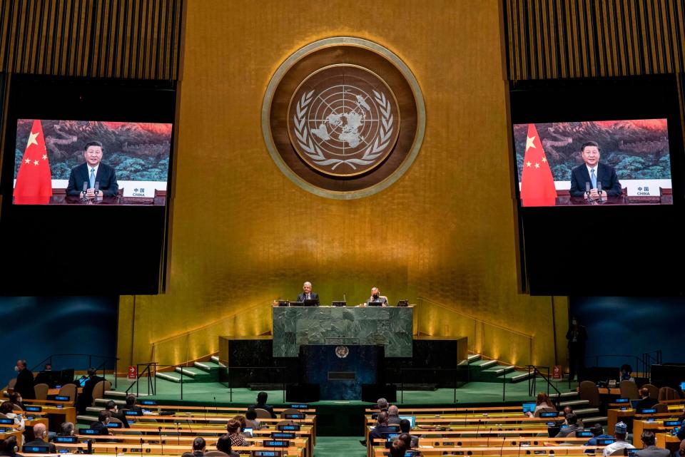 Xi Jinping addresses the UN General Assembly remotely (UNITED NATIONS/AFP via Getty Ima)