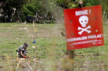 FILE PHOTO: A member of the Armed Forces of Bosnia and Herzegovina demines an area near river Bosna in the city Visoko, May 20, 2014. REUTERS/Dado Ruvic/File Photo