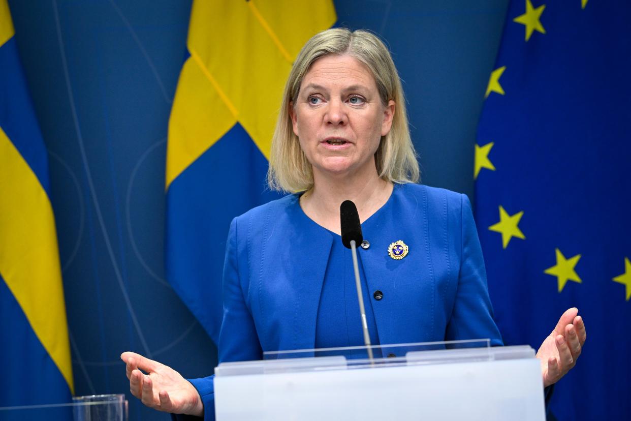 Sweden's Prime Minister Magdalena Andersson gives a news conference Monday in Stockholm. Sweden's government has decided to apply for a NATO membership.