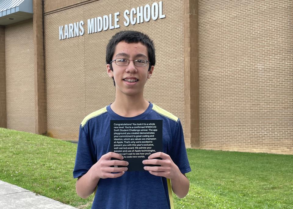 Dominick Pelaia, 14, shows off his Apple Swift Student Challenge award at Karns Middle School on June 23, 2023.