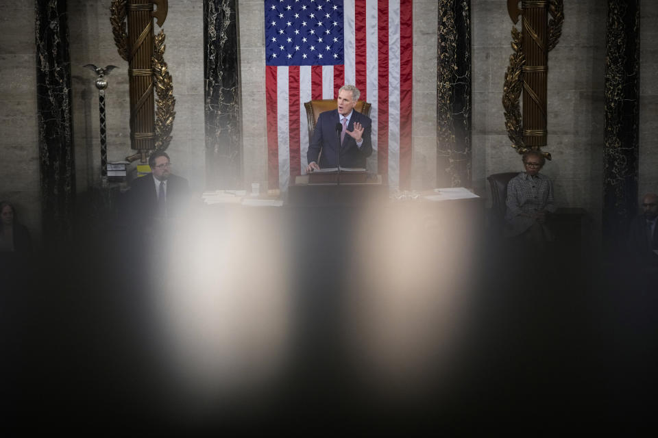 Incoming House Speaker Kevin McCarthy of Calif., speaks on the House floor at the U.S. Capitol in Washington, early Saturday, Jan. 7, 2023. (AP Photo/Andrew Harnik)