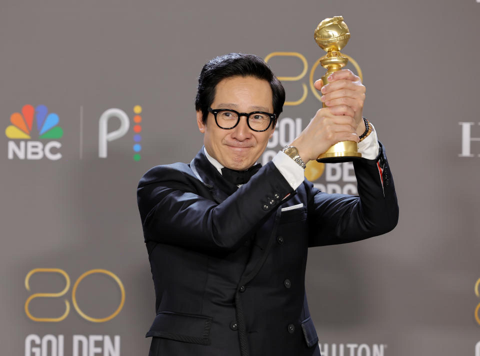 Ke Huy Quan poses with the Best Supporting Actor in a Motion Picture award for “Everything Everywhere All at Once” at the 80th Annual Golden Globe Awards - Credit: Amy Sussman/Getty Images