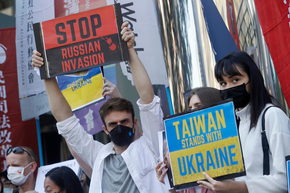 Ukraine supporters protest in Taipei, Taiwan, on March 1, 2022.