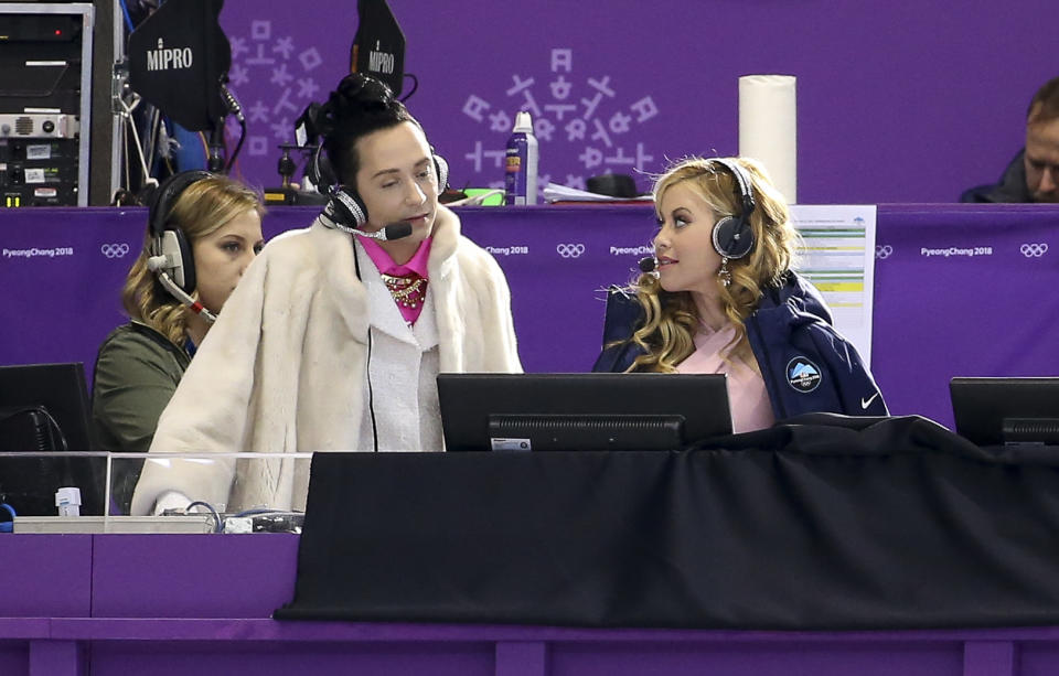 <p>Johnny Weir and Tara Lipinski comment for NBC on the Pair Figure Skating Free Program at the PyeongChang 2018 Winter Olympic Games on Feb.15, 2018, in South Korea. (Photo by Jean Catuffe/Getty Images) </p>