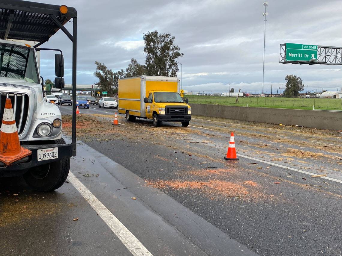 Two people died in a chain-reaction collision on northbound Highway 99 in Goshen, California, on Tuesday, Jan. 10, 2023, after lightning struck a tree, causing it to fall on traffic.