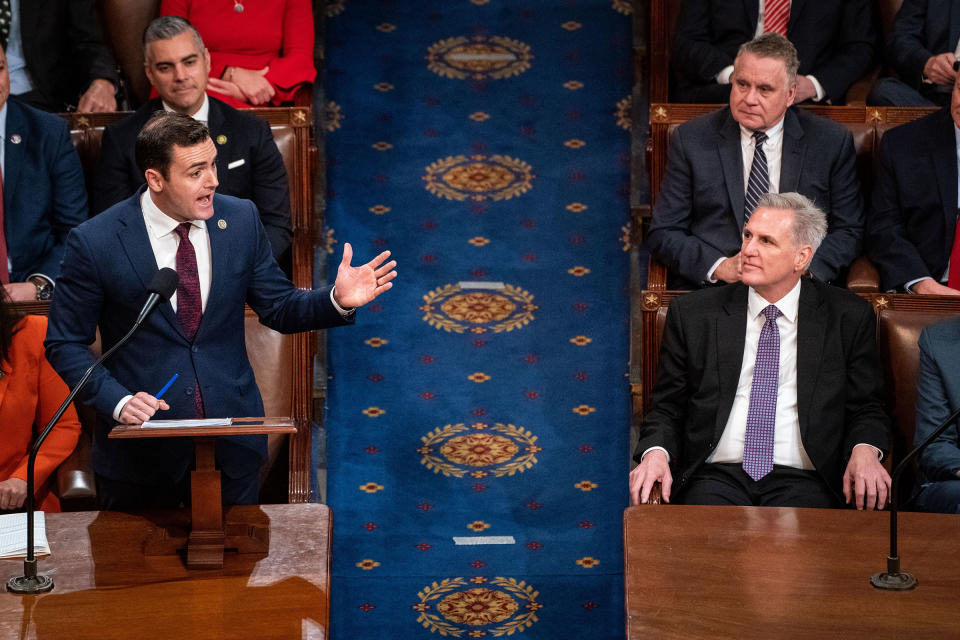 Rep. Mike Gallagher nominates Rep. Kevin McCarthy for House Speaker on the floor of the House Chamber of the U.S. Capitol Building on Jan. 4, 2023.<span class="copyright">Kent Nishimura—Los Angeles Times/Getty Images</span>