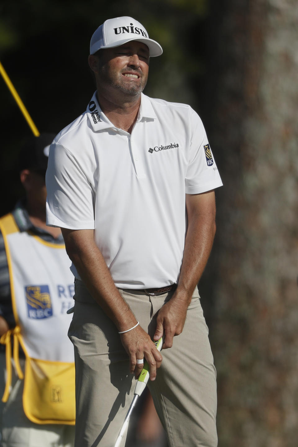 Ryan Palmer grimaces after missing a putt on the 15th green, during the first round of the RBC Heritage golf tournament, Thursday, June 18, 2020, in Hilton Head Island, S.C. (AP Photo/Gerry Broome)