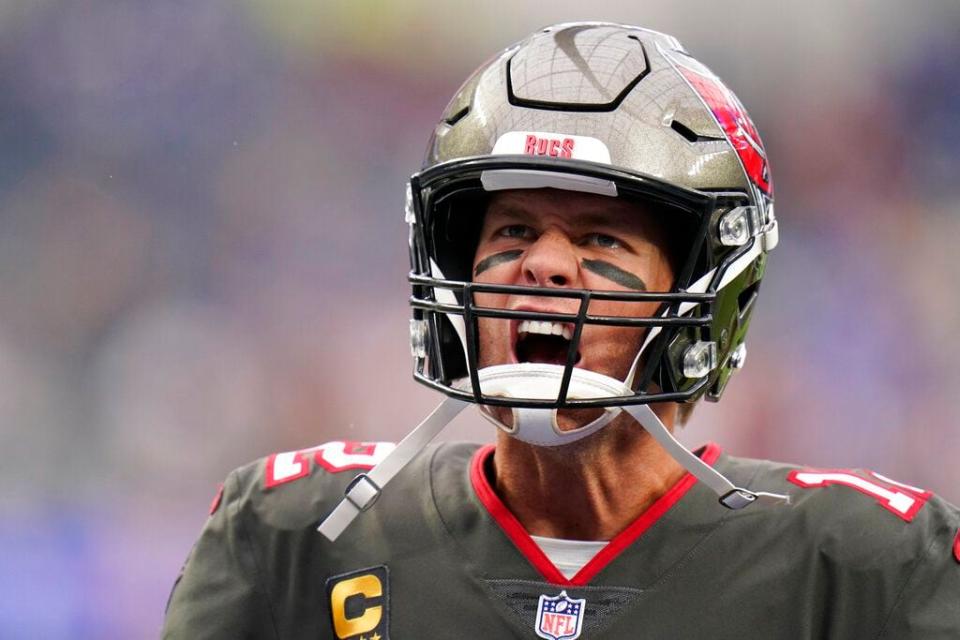 Tampa Bay Buccaneers quarterback Tom Brady yells as enters the field for warmups before an NFL football game against the Los Angeles Rams Sunday, Sept. 26, 2021, in Inglewood, Calif. (AP Photo/Jae C. Hong)