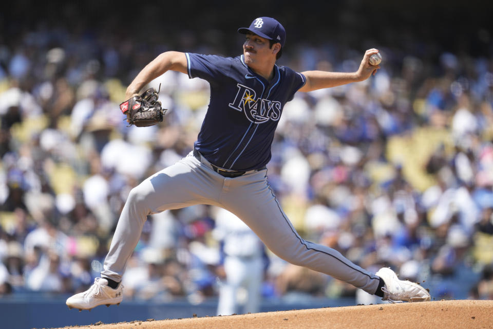 Tampa Bay Rays starting pitcher Jacob Lopez throws during the first inning of a baseball game against the Los Angeles Dodgers in Los Angeles, Sunday, Aug. 25, 2024. (AP Photo/Ashley Landis)