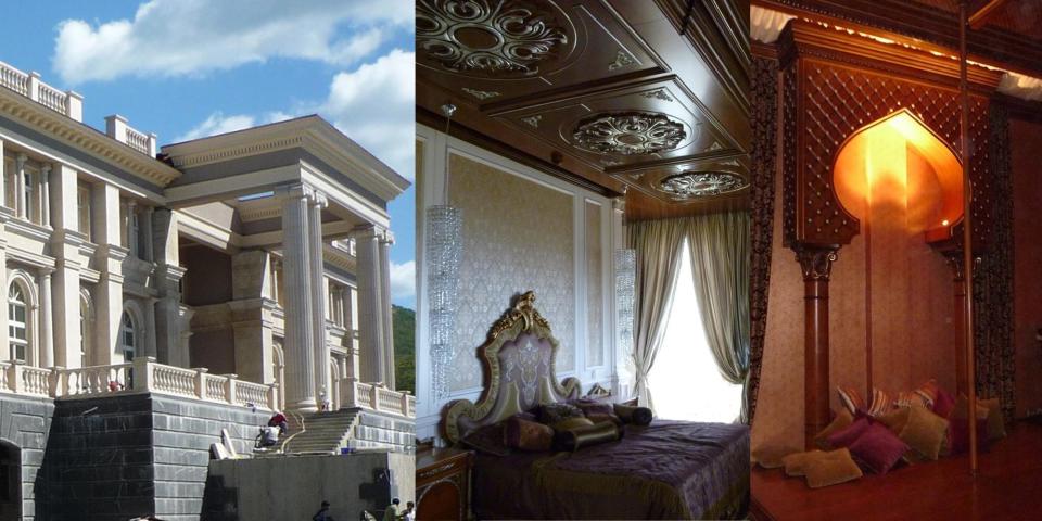 A composite image of a building exterior, bedroom, and pole-dancing area which Alexei Navalny's Anti-Corruption Foundation said show a palace owned by Vladimir Putin