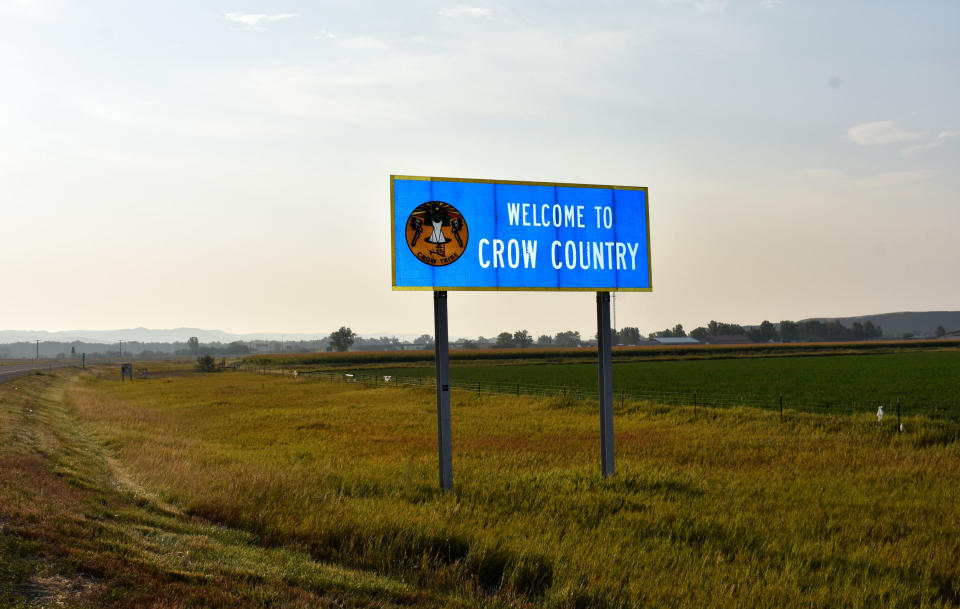 Image: The boundary marking the Crow Indian Reservation near Hardin, Mont., in 2020. (Matthew Brown / AP file)