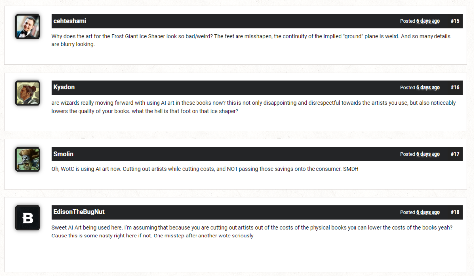 Several comments from D&D beyond decrying the use of AI Art in a book preview.