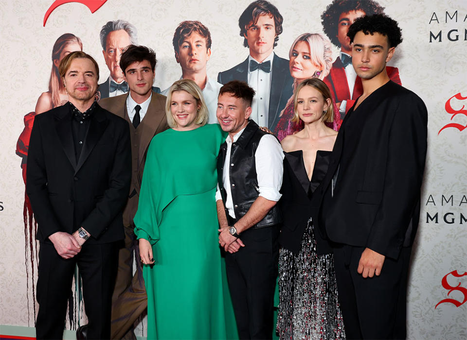 Paul Rhys, Jacob Elordi, Emerald Fennell, Barry Keoghan, Carey Mulligan and Archie Madekwe attend the Los Angeles Premiere Of MGM's "Saltburn" at The Theatre at Ace Hotel on November 14, 2023 in Los Angeles, California.