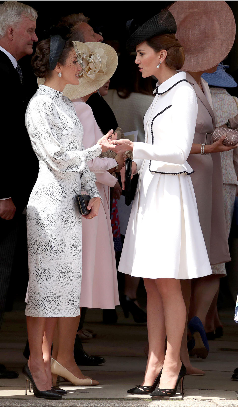 WINDSOR, ENGLAND - JUNE 17: Queen Letizia of Spain and Catherine, Duchess of Cambridge at the Order of the Garter Service at St George's Chapel in Windsor Castle on June 17, 2019 in Windsor, England. The Order of the Garter is the senior and oldest British Order of Chivalry, founded by Edward III in 1348. The Garter ceremonial dates from 1948, when formal installation was revived by King George VI for the first time since 1805. (Photo by Steve Parsons - WPA Pool/Getty Images)