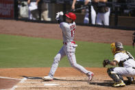 Los Angeles Angels' Shohei Ohtani watches his flyout during the third inning of a baseball game against the San Diego Padres, Wednesday, Sept. 23, 2020, in San Diego. (AP Photo/Gregory Bull)