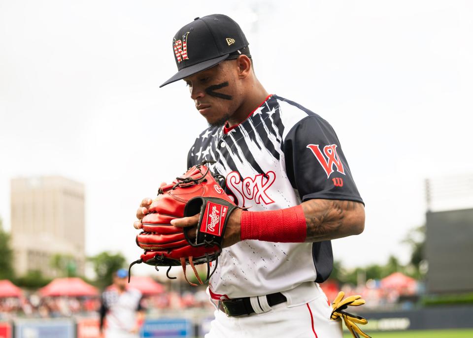 Ceddane Rafaela prepares for his first game at Polar Park on July 4, 2023, before the WooSox game against the Syracuse Mets.