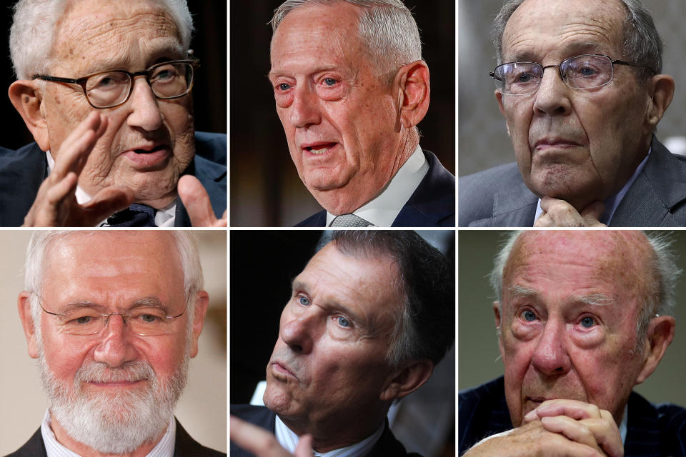 Theranos' board of directors. Clockwise from top left: Henry Kissinger (former United States Secretary of State), Jim Mattis (retired Marine Corps four-star general), William Perry (former United States Secretary of Defense), George Shultz (former United States Secretary of State), Richard Kovacevich (former CEO of Wells Fargo), William Foege (former director of the Centers for Disease Control and Prevention).