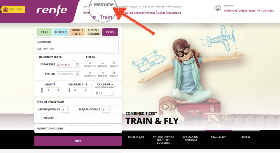 點選畫面上方 “Welcome” 可以進入英文網頁，但 Renfe 網站和放票規律一樣也是很隨性，英文版網頁並不是全英文，偶爾還是會看到一些西班牙文