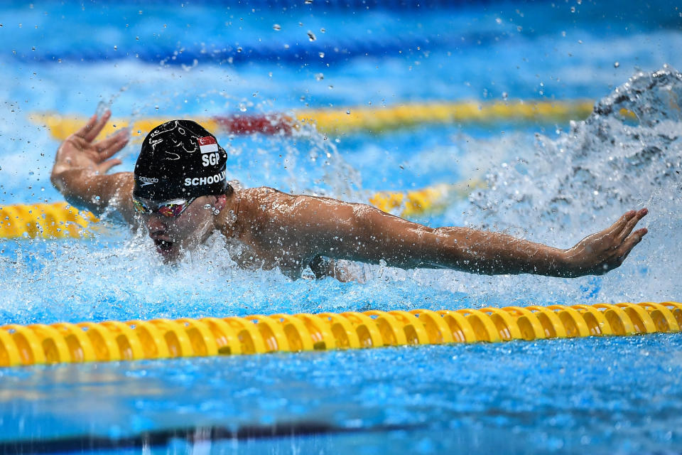 JAKARTA, INDONESIA - AUGUST 23:  Joseph Isaac Schooling of Singapore swims during Men's 50m Butterfly final match on day five of the Asian Games on August 23, 2018 in Jakarta, Indonesia.  (Photo by Robertus Pudyanto/Getty Images)