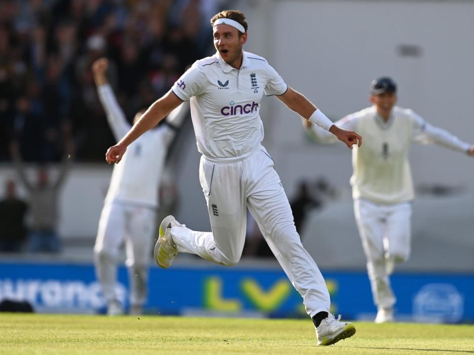 Stuart Broad celebrates after taking the final wicket of the series (Getty)