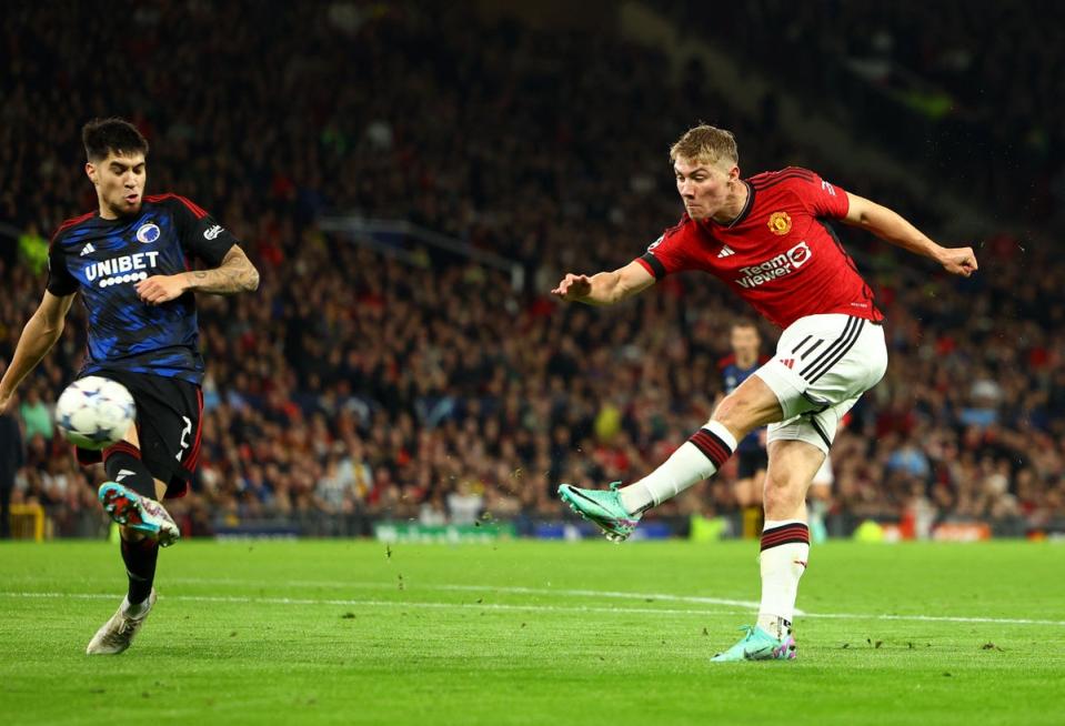 A brief sight at goal saw Rasmus Hojlund blaze his best chance over the top but his forward play was central to Man Utd’s attacking capabilites (REUTERS)