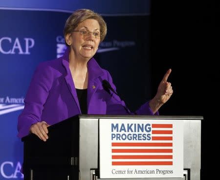 U.S. Senator Elizabeth Warren (D-MA) speaks at the Center for American Progress' 2014 Making Progress Policy Conference in Washington November 19, 2014. REUTERS/Gary Cameron