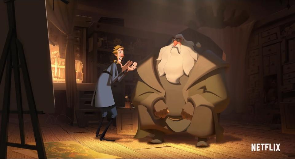 An animated man stands next to a massive animated man with flowing white beard.