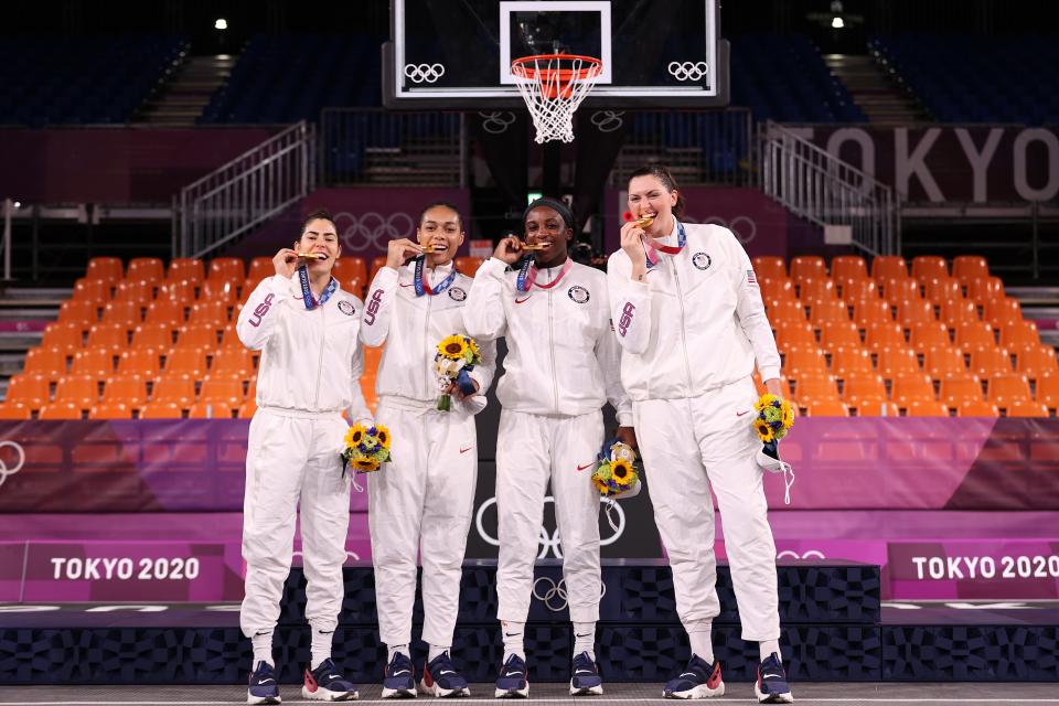 Team USA celebrate victory in the women’s 3x3 final (Getty)