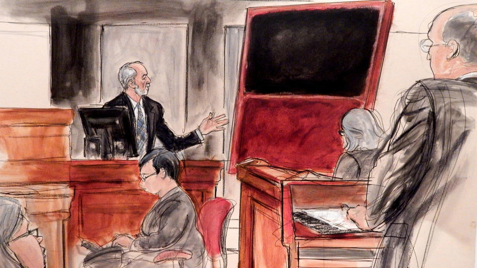 A courtroom sketch depicts plaintiff Domenico De Sole testifying in a 2016 civil trial about the fake Rothko painting he bought from Knoedler Gallery. - Credit: Elizabeth Williams/Associated Press