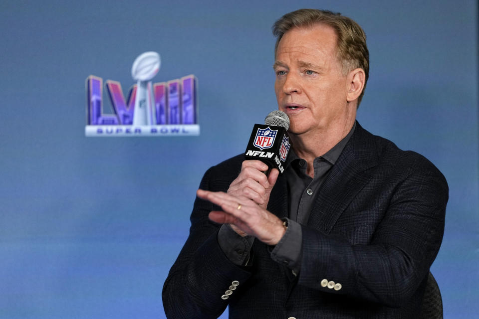 NFL football commissioner Roger Goodell speaks during a Super Bowl 58 news conference, Monday, Feb. 5, 2024, in Las Vegas. The San Francisco 49ers face the Kansas City Chiefs in Super Bowl 58 on Sunday. (AP Photo/Matt York)