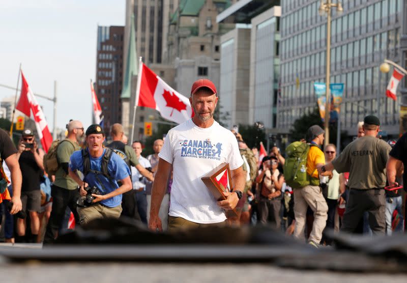 James Topp, a Canadian Forces veteran who marched across Canada protesting COVID-19 vaccines mandates, arrives at the National War Memorial