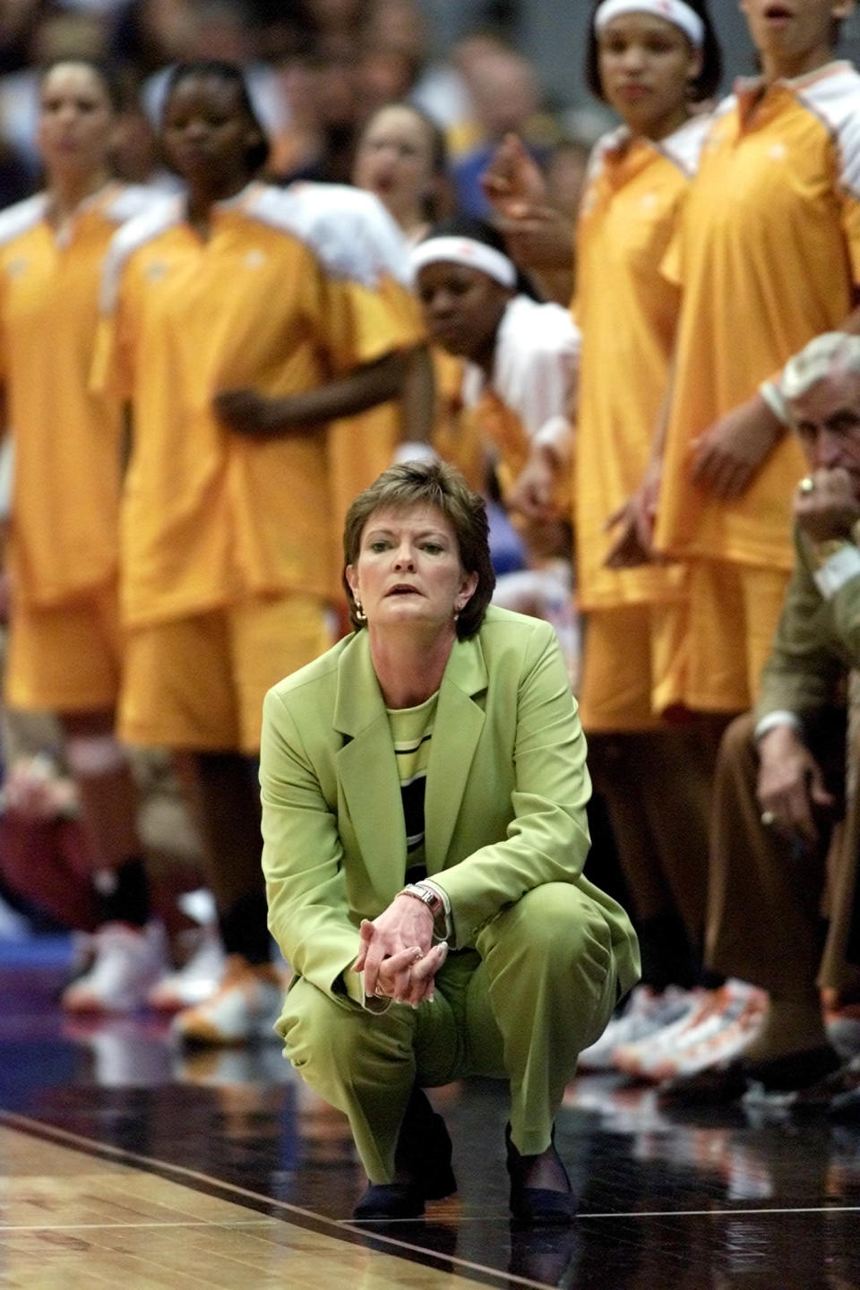 Tennessee Lady Vols head coach Pat Summitt watches her team lose to the University of Connecticut at the 2002 NCAA Women's Final Four semifinals in San Antonio, Texas, March 29, 2002. Connecticut defeated Tennessee 79-56. REUTERS/Jeff Mitchell