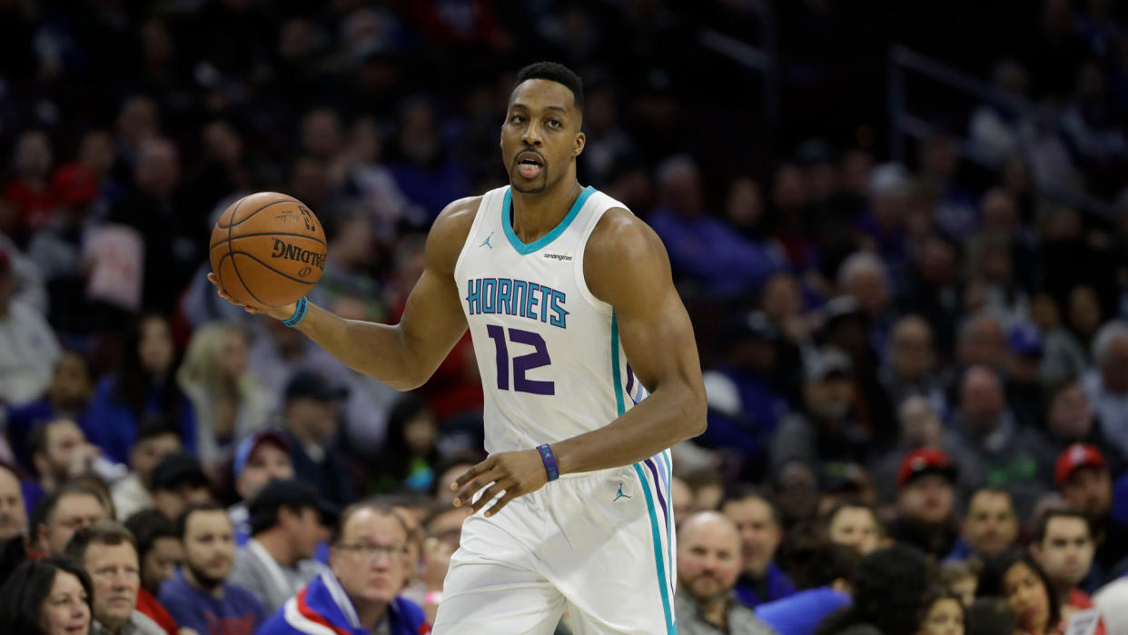 Mandatory Credit: Photo by Matt Slocum/AP/REX/Shutterstock (9470988ao)Charlotte Hornets' Dwight Howard in action during an NBA basketball game against the Philadelphia 76ers, in PhiladelphiaHornets 76ers Basketball, Philadelphia, USA - 19 Mar 2018.